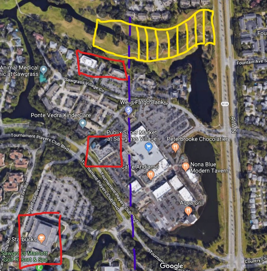 A map provided by Vineyard illustrates his arguments regarding the potential Oak Bridge development. He provides a key below. 

Yellow boundary – Parcels upon which variances for 58-foot tall, 150-foot long buildings are requested
Red boundaries – Current buildings in the immediate area taller than three stories
Blue boundary – Parallel line highlighting setback from A1A for buildings taller than three stories